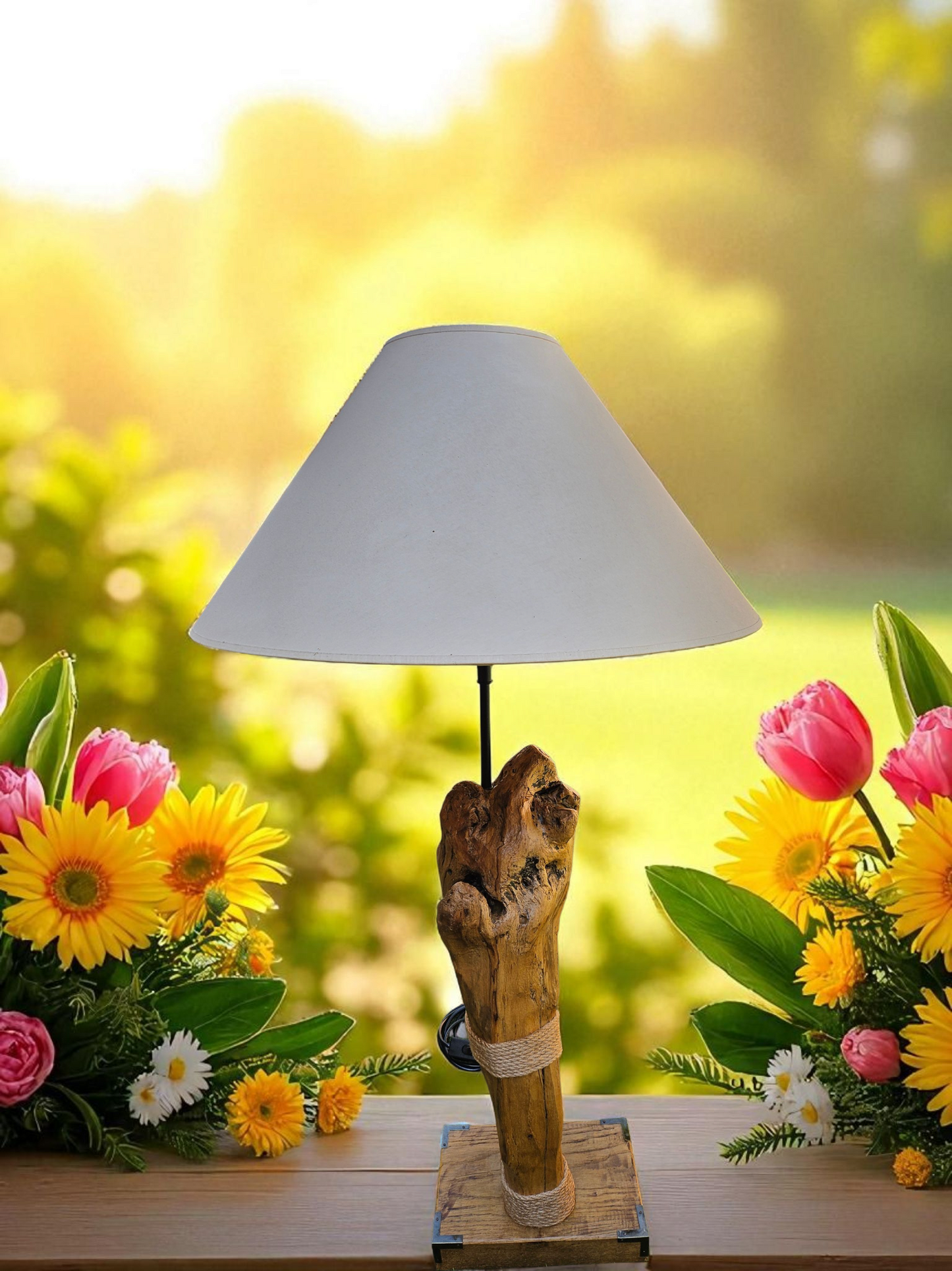 Lampe artisanale en bois flotté